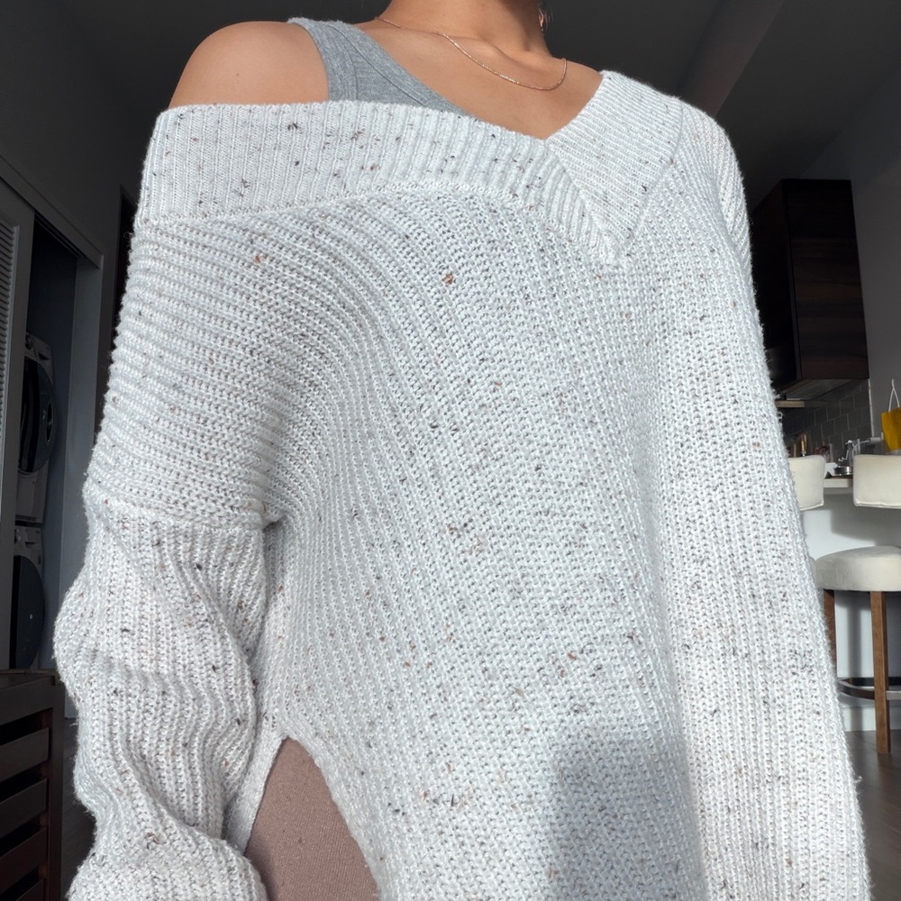 Beige / White Knit Off shoulder Sweater
